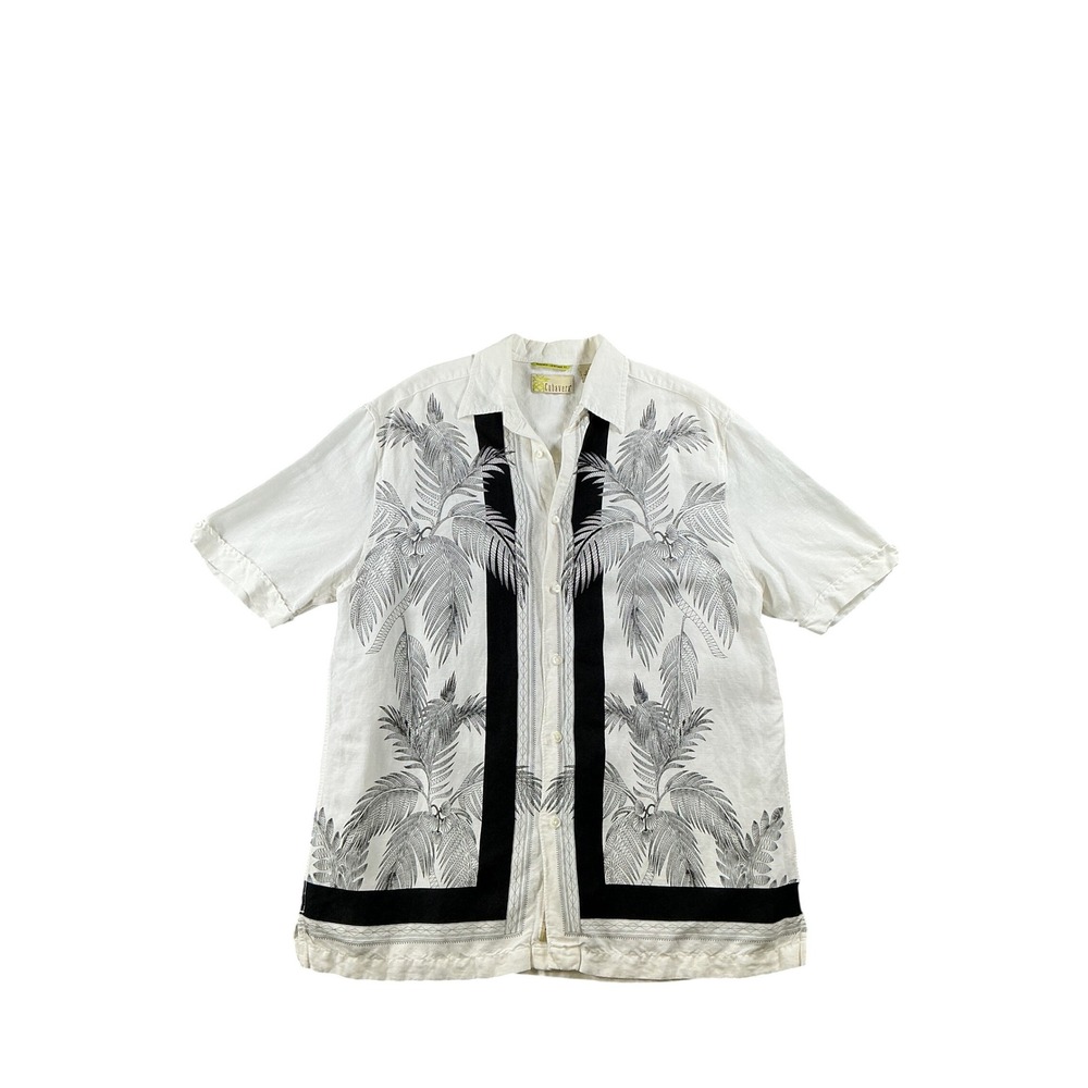 Cubavera Mens Medium Linen Blend Palm Tree Graphic Camp Shirt Heritage Fit White